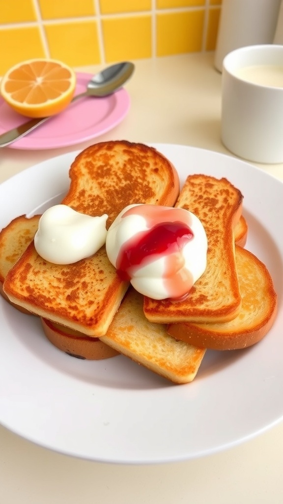 Baby-friendly French toast strips with yogurt and fruit puree on a plate.